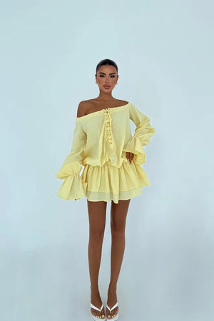 Mini-Robe Babydoll Jaune Soleil – Manches Cloche Bohème Chic 🌼