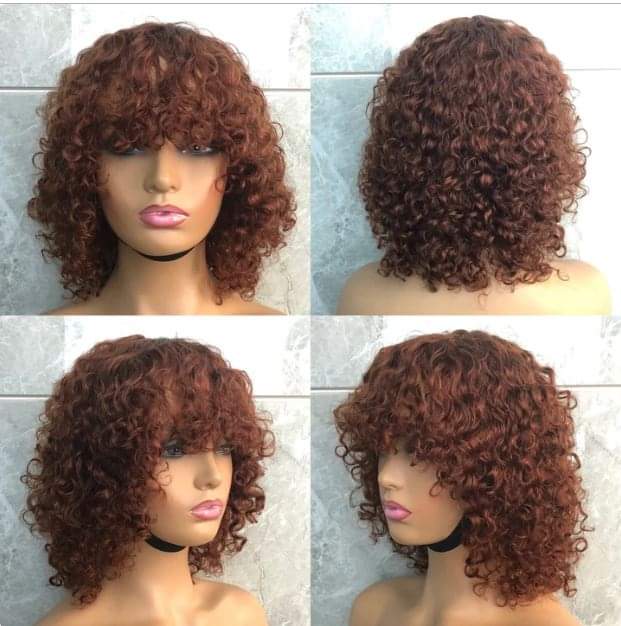 Perruque Afro Noir Naturelle 100% Cheveux Humains A Frange Bouclée Wig 35cm